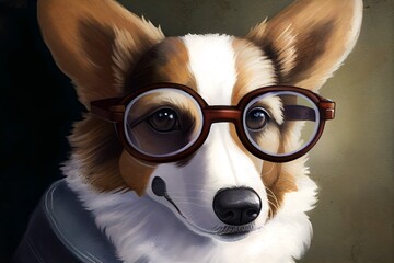 Cardigan Corgi with Glasses on a studio background illustration