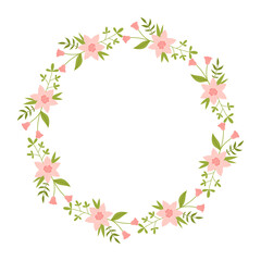 Obraz na płótnie Canvas Vector wreath with green leaves and striped pink flowers. Floral frame for celebrations. Flower round border copy space. Romantic design for greeting cards. Text template with spring plants.