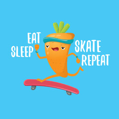 Eat sleep skate repeat vector concept illustration. Cartoon hipster carrot skater character riding on skateboard with funny slogan for print on tee