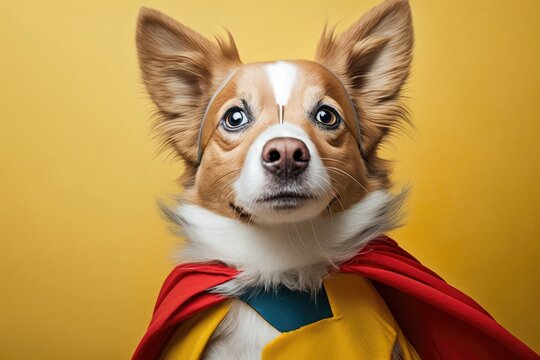 Cuddly pooch dressed as a super hero, yellow background with red cape and mask. Generative AI
