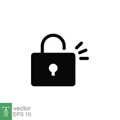 Unlocked lock icon. Simple solid style. Padlock with keyhole, open key, security concept. Black silhouette, glyph vector illustration design on white background. EPS 10.