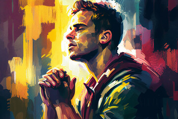 Praying man water color painting. Generative AI illustration