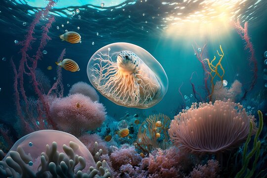 Beautiful underwater world. AI technology generated image