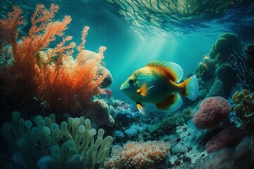Fototapeta na wymiar Beautiful underwater world. AI technology generated image