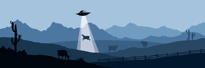UFO Cow Abduction. Funny vector illustration, night landscape with field and cows