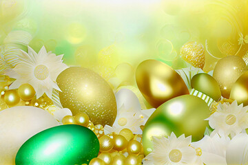 Naklejka na ściany i meble Luxurious Easter background in white, green, golden and yellow tones, soft light. Generative ai