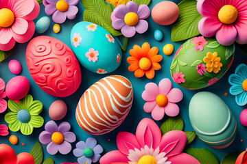Fototapeta na wymiar Many bright and colorful Easter eggs and flowers filling the background. top view. Generative ai