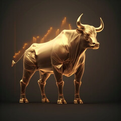 Golden bull on stock data chart background. Investing, stock exchange financial bearish and mullish market concept, generative AI	