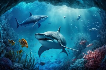 Fototapeta na wymiar Beautiful underwater world. AI technology generated image. AI technology generated image