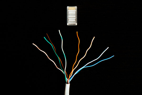 RJ45 plastic connector and twisted pair, on a dark background. IT subject.