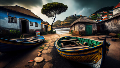Obraz premium A coastal village with anchored fishing boats generated by AI