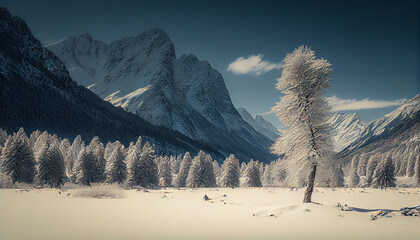 A deep snowy landscape with trees and mountains in the background generated by AI