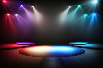 The empty stage is illuminated by colored spotlight. AI technology generated image