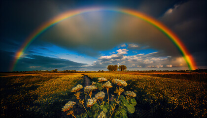 A rainbow in the sky over a flowering field generated by AI
