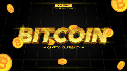 Bitcoin 3D Vector Text Effect with Gold and Shiny Style and element around