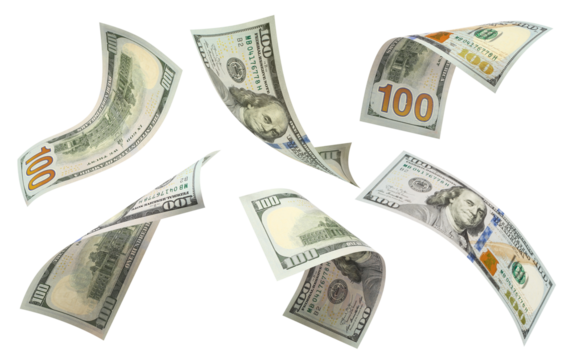 Set of flying 100 dollars banknotes, cut out