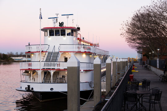 Beautiful red and white riverboat docked at dusk, Savannah, Georgia, USA