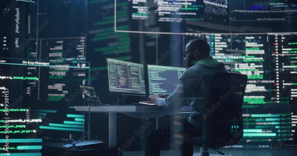 Aufkleber Medium Shot of a Man Working as a Developer, Surrounded by Big Screens Displaying Lines of Code in a Monitoring Room. Black Male Programmer Using Desktop Computer, Analysing Data, Creating AI Software