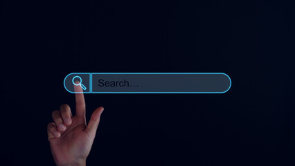 Data Search Technology Engine Optimization. Businessman hand touch searching icon for information...