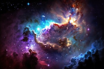 Obraz premium Colorful dark blue and purple nebulae in space. AI technology generated image