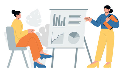 Two workers in office. Teamwork. Report graph on board. Business and finance projects. Flat vector minimalist illustrations