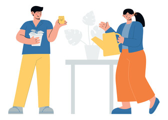 Housekeeping and garden. Guy with seed in hand and girl with pot of water. Flat vector minimalist illustrations