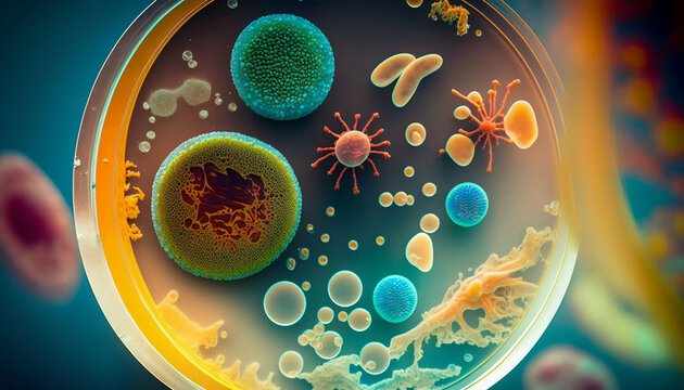 Cellules et virus dans une bo&icirc;te de Petri, Generative AI