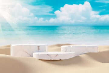 3D podium with copy space for product display presentation on beach with blue sky and white clouds abstract background. Tropical summer and vacation concept. © tonktiti