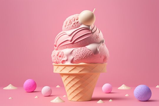 Delicious cream ice cream with a ball, on a pink background. AI technology generated image