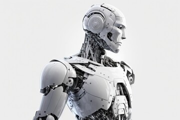 Humanoid Men Artificial Intelligence with Solid White Background, generated with AI. Suitable for background design, wallpaper, futuristic website, poster, banner.