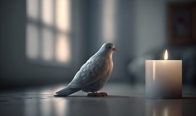  a white bird sitting on a table next to a lit candle.  generative ai