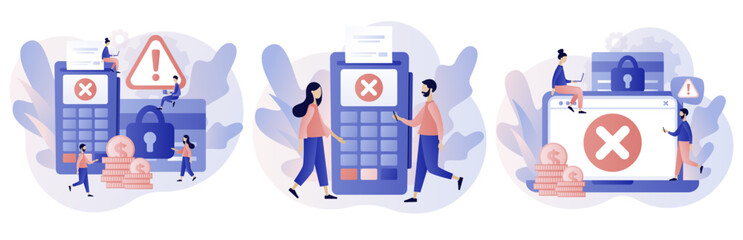 Payment error. Cashless NFC payment transaction canceled. Payment terminal with cross checkmark. Payment failed, try again. Modern flat cartoon style. Vector illustration on white background