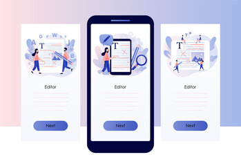 Editor and copywriting services. Tiny people copywriters checking grammar and spelling document page. Online editing. Screen template for mobile, smartphone app. Modern flat cartoon style. Vector