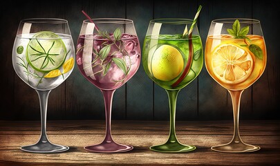  a group of four wine glasses filled with different types of wine.  generative ai