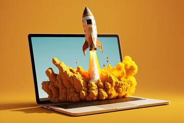 Digital illustration of laptop and rocket, yellow background. Generative AI