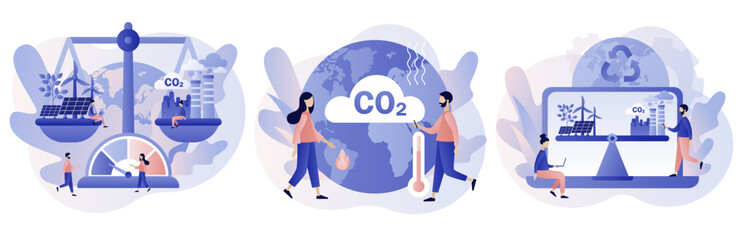 Naklejka premium Sustainability concept. Reduce emission CO2. Net zero emissions and carbon dioxide neutral balance. Modern flat cartoon style. Vector illustration on white background