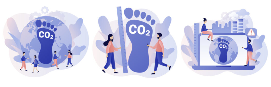 Carbon footprint pollution. Co2 emission environmental impact concept. Dangerous dioxide effect on planet ecosystem. Modern flat cartoon style. Vector illustration on white background
