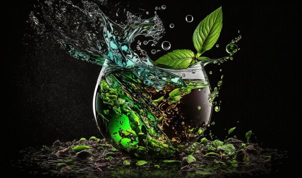  a glass filled with water and a green leaf floating in it.  generative ai