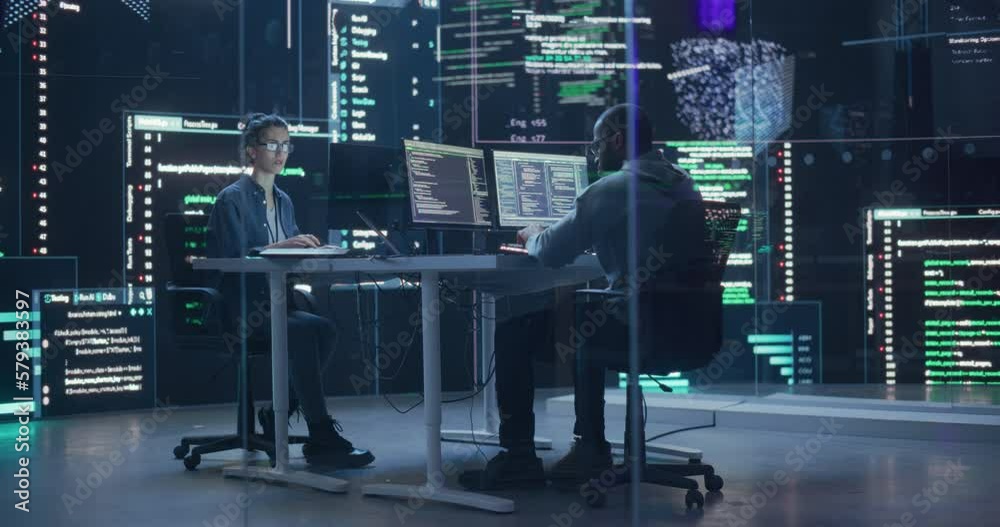 Poster Portrait Two Diverse Developpers Working on Computers, Typing Lines of Code that Appear on Big Screens Surrounding Them. Male and Female Programmers Creating Innovative Software Together, Fixing Bugs