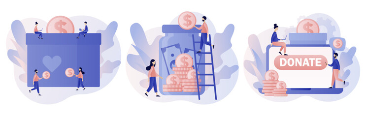 Donation money. Tiny people donating money. Volunteers putting coins in donation box, jar. Online charity, financial support concept. Modern flat cartoon style. Vector illustration on white background