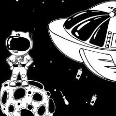 Astronaut in the open space. UFOs, spaceships, rockets. Solar system, Intergalactic travel. Galaxies, planets, asteroids, comets, shooting stars. Black and white illustration. Vector.