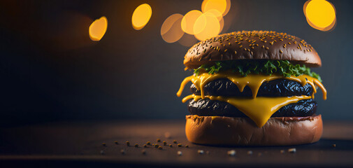Double Cheese Burger on the Table with Bokeh Background Generative AI 