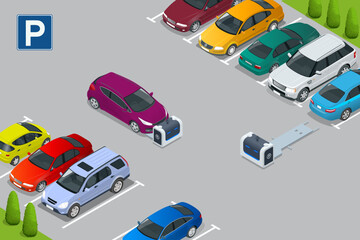 Isometric robot valet parking cars. Outdoor valet parking robot. Automated parking systems for cars
