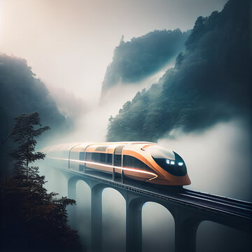 a high-speed train travels from the past to the future, through the fog to high bridges where only the tops of the trees are visible