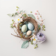 Easter floral composition with delicate pastel eggs and flowers in a nest, generative AI	
