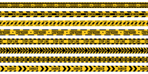 Yellow police tape. Crime scene ribbons and Do not cross stripe, danger warning restricted zone strip sign, accident caution concept. Vector set