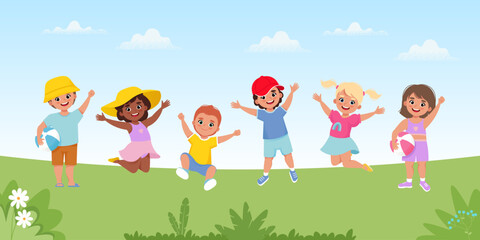 Obraz na płótnie Canvas Children jumping at summer background. Happy kids playing, fun, friendship, and childhood concept. Vector illustration in cartoon flat style