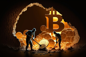 Bitcoin Miner figures digging the ground to find shiny golden coins. Cryptocurrency mining