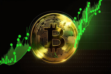 Bitcoin Golden Coin on green Chart, Cryptocurrency trading global market background