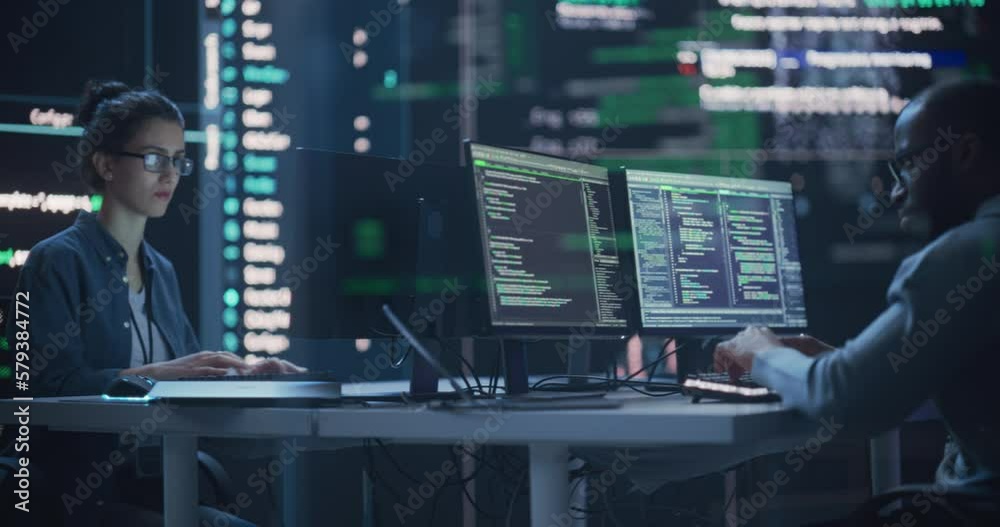 Aufkleber Portrait of Two Colleagues Working in a Monitoring Room, Surrounded by Big Screens Displaying Lines of Programming Language Code. Professional Hackers Breaking Through Cybersecurity Protection System